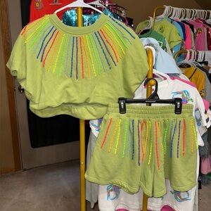Queen of Sparkles | olive green with neon beads top and shorts set | small | GUC